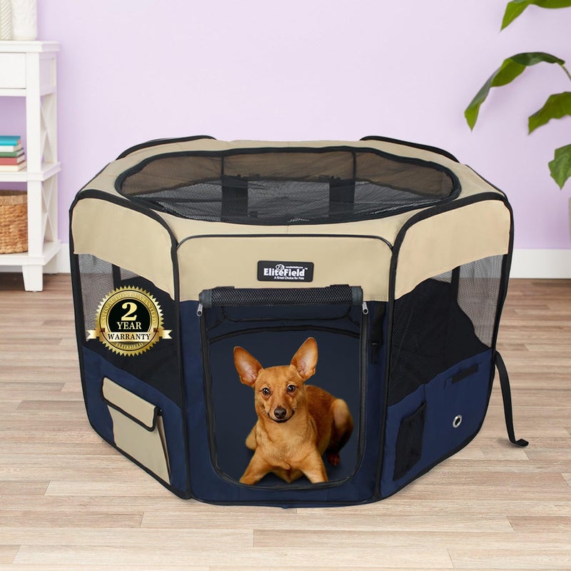 EliteField 2-Door Soft Pet Playpen (2 Year Warranty), Exercise Pen, Multiple Sizes and Colors Available for Dogs, Cats and Other Pets (42" x 42" x 24"H, Beige+Navy Blue) - Image 2